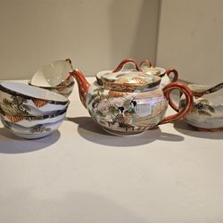 Antique Japanese Tea Set Geisha Japan Hand Painted Nippon