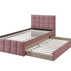 Brand New Pink/Biege/Gray Linen Full Over Twin Trundle Bedframe