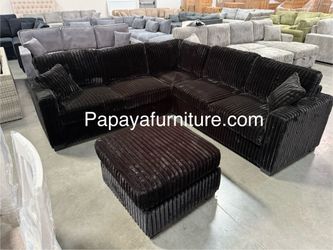 NEW Teddy Bear Super Soft Plush Black Fabric Sectional Sofa and Ottoman Set Ashley Style Chocolate Brown Couch Big Discount Clearance Closeout SALE