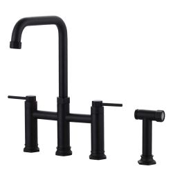 Brass Double Handle Bridge Kitchen Faucet with Side Sprayer in Matte Black