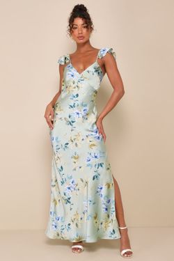 NWOT Lulus Captivating Grace Sage Green Floral Satin Ruffled Maxi Dress L