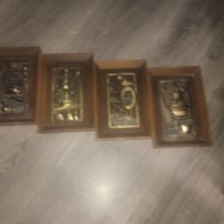 Vintage Wood Framed Brass Relief Plaque
