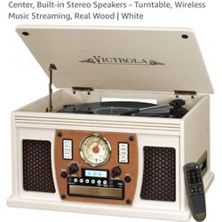 Victrola 8-in-1 Bluetooth Record Player & Multimedia Center, Built-in Stereo Speakers - Turntable, Wireless Music Streaming, Real Wood | Whit