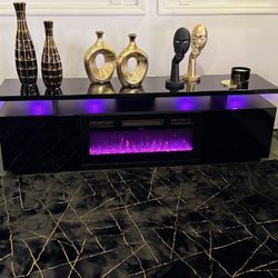 Black Glossy TV Console With Fire Place / Consola Chimenea