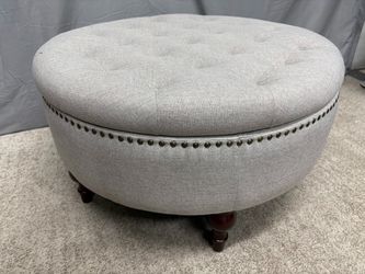 Tufted Round Grey Storage Ottoman w/ Nailhead Trim