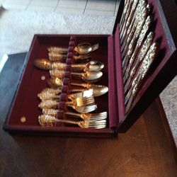 Vintage Godinger 64 Pieces Gold Plated Silverware Set In Wooden Box