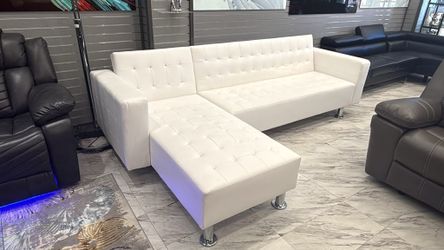 White Tufted Leather Sectional Sofa
