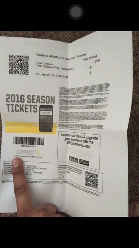 2 tickets A's vs Yankees May 20th