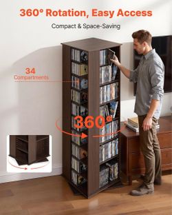 VEVOR Media Storage Cabinet, CD Rack Tower, 34 Compartments Rotating Media Tower Rack for CDs, DVDs, Books and Game Discs, DVD Stand for Living Room,