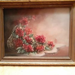 Beautiful Crimson Geraniums Oil Painting Framed