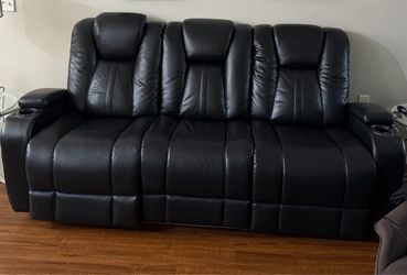 Black Leather Reclining Sofa with Cup Holders