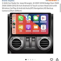 2+64G Car Radio for Jeep Wrangler JK 2007-2018 Dodge Ram 1 2009-2012,10 Inch Android 13 Touch screen Head Unit with Wireless CarPlay & Android