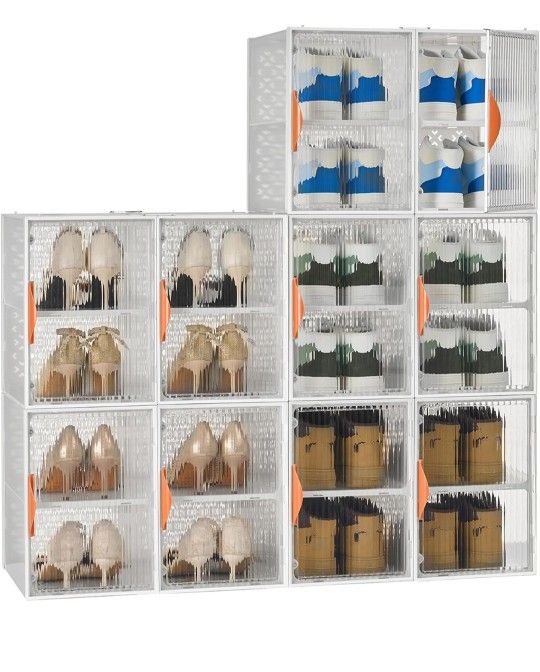 DINMO Shoe Boxes, 20 Pairs, Storage Organizer with Magnetic Door, Plastic Stackable Shoe Organizer for Closet, Space Saving Foldable Shoe Rack, White