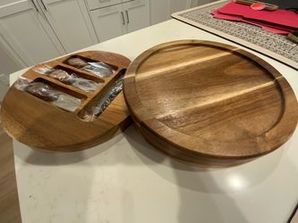 Round Wood Cheese Board Set with Tools, with storage. New, never used.