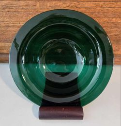 Vintage beautiful decorative Green Hand Blown Studio Art Glass Bowl and Stand Xposted