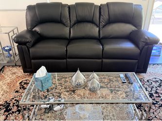 Black leather recliner sofa set plus coffee table set and carpet
