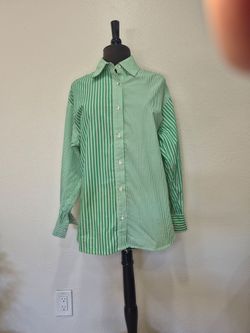 CAbi Dad Shirt #6292 Green White Striped Cotton Button Up Top Small NWOT