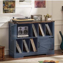 Large Record Player Stand with Vinyl Storage Up to 450 Albums, 39 Inch Farmhouse Wood Navy Blue Vinyl Records Storage Cabinet with Barn Doors, Mid-Cen