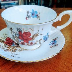 Vintage Estate Paragon Floral Design Bone China Cup & Saucer Decorated With Red Pink & Blue Flowers!!