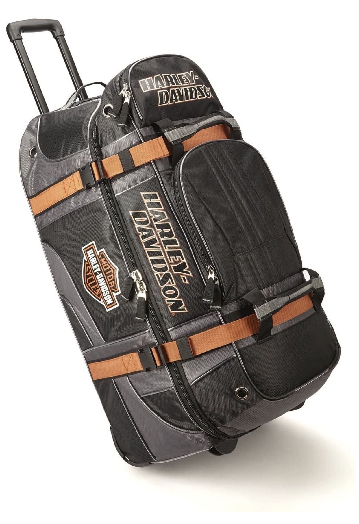 Harley Davidson Black duffel bag equipped with 22 inch wheels