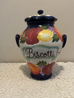 Country, Tuscan Style Vintage hand-painted Nonni's Biscotti ceramic cookie jar with a fruit motif.