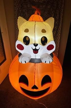 Large Five Foot Tall Halloween Inflatable Pumpkin Cat with Ground Stakes just $35