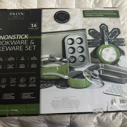Brooklyn Venus Nonstick Aluminum Cookware Set 16 Piece Pots and Pans With Glass Lid, Green