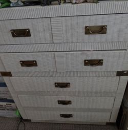 White Wicker Dresser Brass Accents Hollywood Regency