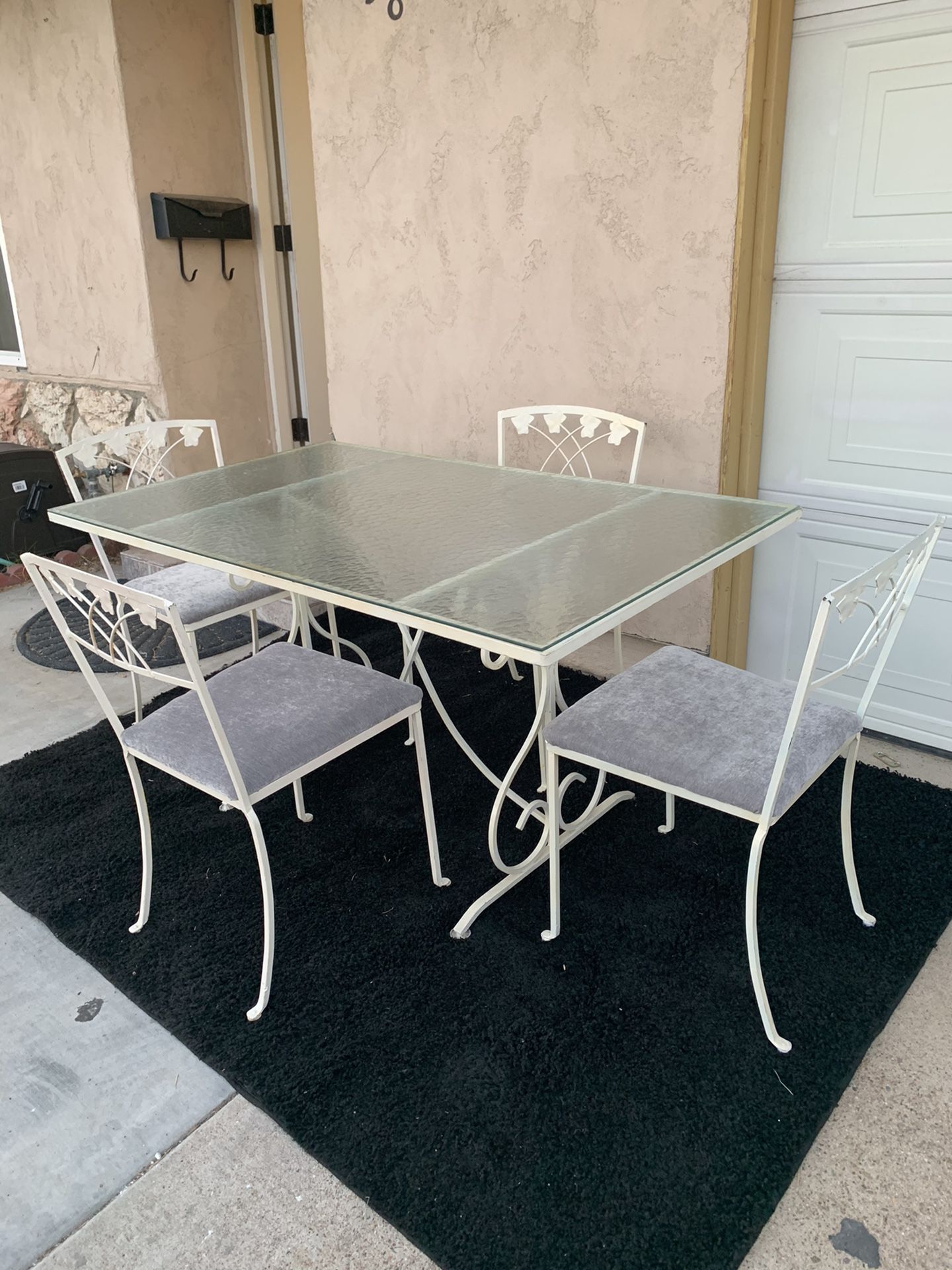 Dining table with chairs glass and iron