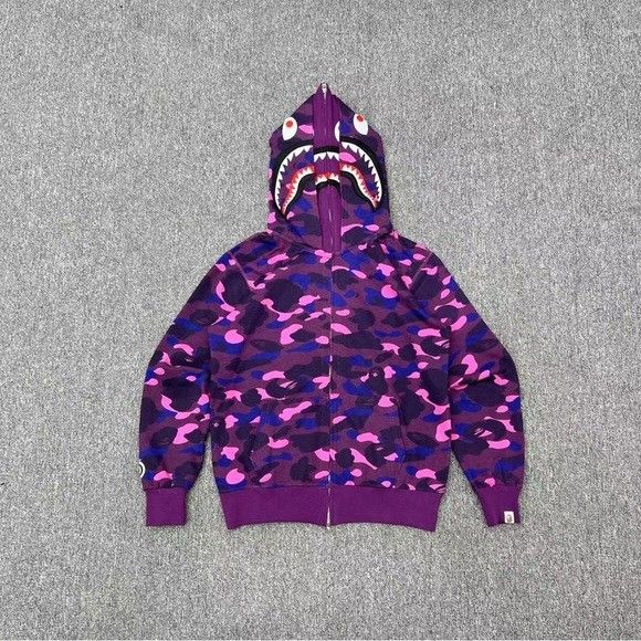 Brand new Bape double hooded shark head purple camouflage sweatshirt