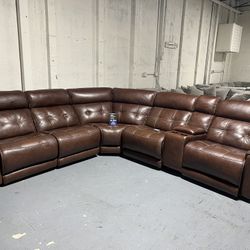SECTIONAL COUCH LEATHER RECLINER ELECTRIC COUCH SOFA BROWN 