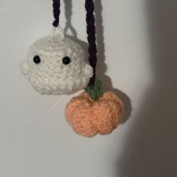 Halloween Decor - Handmade Crochet Ghost & Pumpkin Car Charm – Cute Halloween Rearview Mirror Decoration 