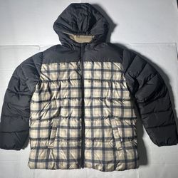 Pre Owned Excellent Swiss+Tech Puffer Jacket  Hoodie Fleece Lining  Full Zip Plaid  Black Beige Boys  Size Large 10-12 Husky 