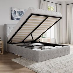 Full Size Lift Up Storage Bed Frame,Button Tufted Wingback Headboard,Upholstered Platform,Hydraulic Storage,Wooden Slat Support,No Box Spring,Light Gr