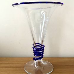 MCM SASAKI Handcrafted Art Deco Style Glass Clear  Goblet Shape Vase with Cobalt Blue Accents