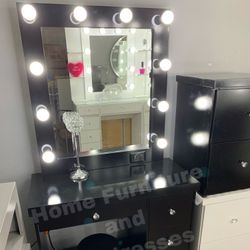 Vanity Set Hollywood Black Mirror LED Lights Makeup Table✨Brand New