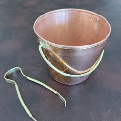 Antique Solid Copper Ice Bucket With Tongs 