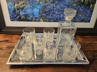Crystal Whiskey Decanter Set with Stainless Steel Tray