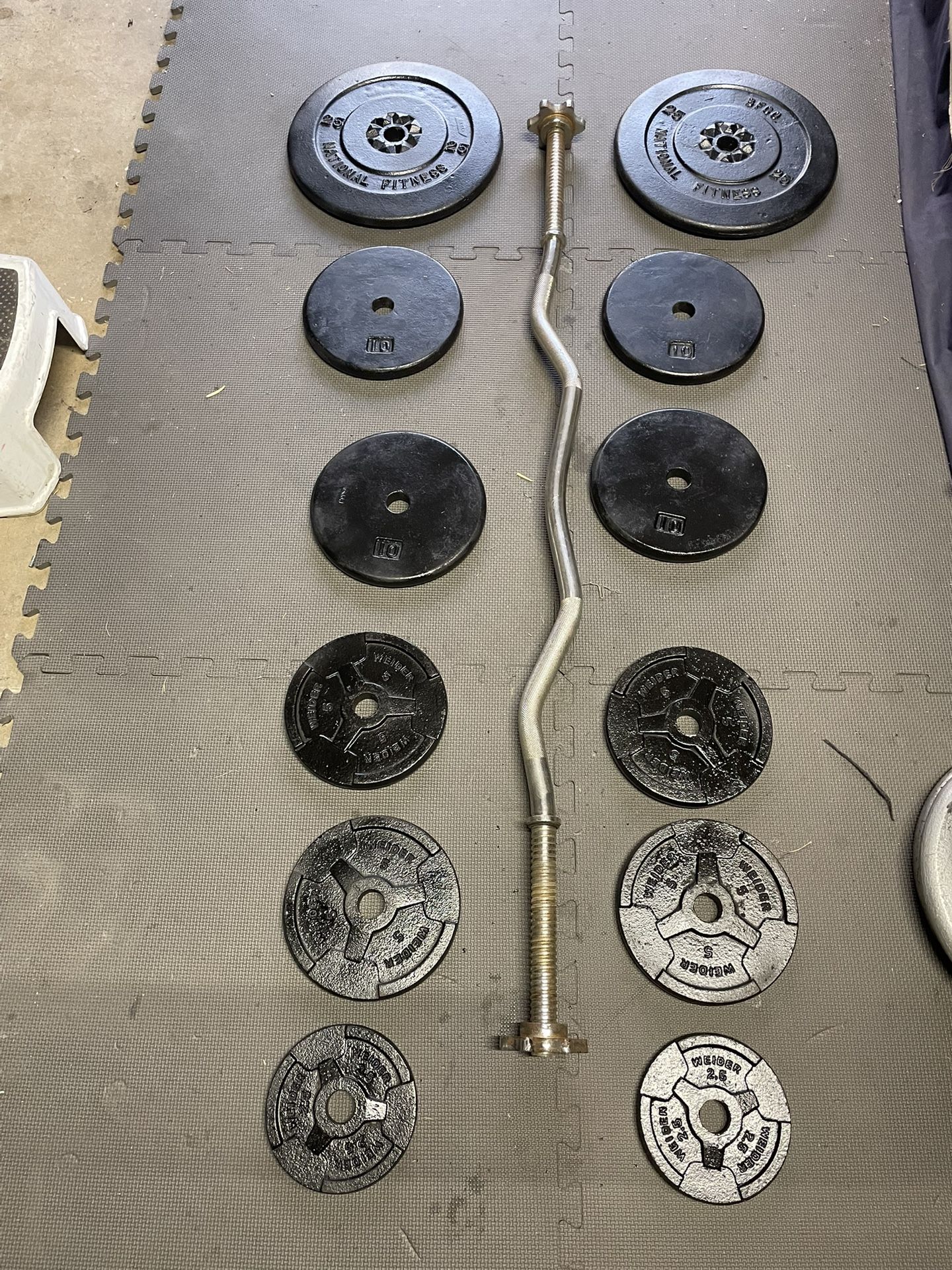Weight Plates / Curl Bar. 90 Dollars