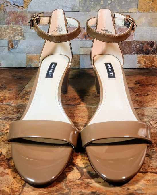 Nine West Womens Round Toe , Block Heel Dress Sandles • Color Medium Brown • Patent Leather • A Sleek Adjustable Ankle Strap Tops •