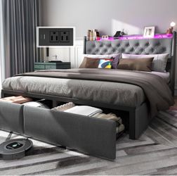 Queen Bed Frame with LED Headboard, USB Charging & 2 Storage Drawers – Fair Used Condition