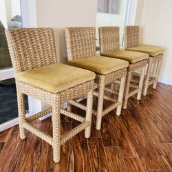 KITCHEN ISLAND HIGH CHAIRS . Sunset West Havana Resin Wicker Patio Barstool W/ Subrella Canvas Flax Cushions 