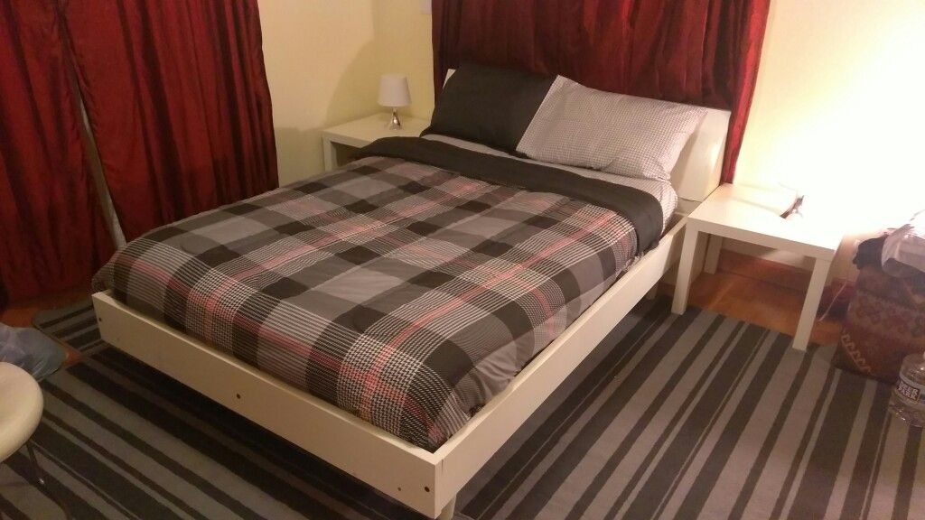 Full size bed have storage and new mattress and 2 night stand