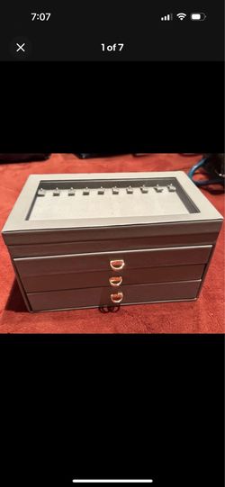 Gray Faux Leather Jewelry Box Organizer w/ Mirror, Lined, Multi-Drawer Case