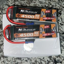 2 Packs 4S 14.8V 4500mAh 80C LiPo Battery Pack with Deans EC5 Plug
