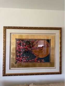 Large Framed Asian Cherry Blossom & Moon Artwork