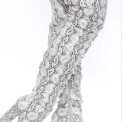 Women's Snakeskin Chunky Heel Thigh High Boots Grey