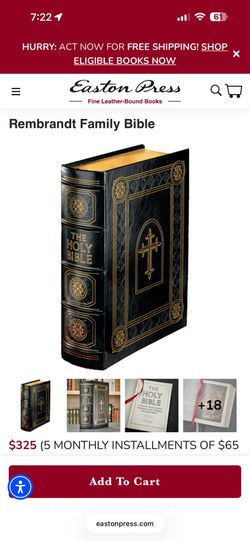 Easton Press Rembrandt family bible, leather bound 22kt gold inlaid