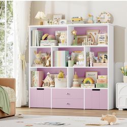 Book Storage Organizer, Large Bookshelf with 4 Drawers and 7 Cubbies, Bookcase with Hidden Wheels for Playroom, Pink
