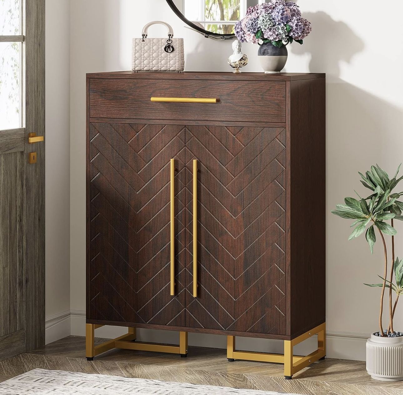 New assembled Shoe Cabinet with Doors Entryway, 5-Tier Shoe Storage Cabinet with Drawer,Wooden Shoes Rack Shoe Storage Organizer for Entryway, Hallway